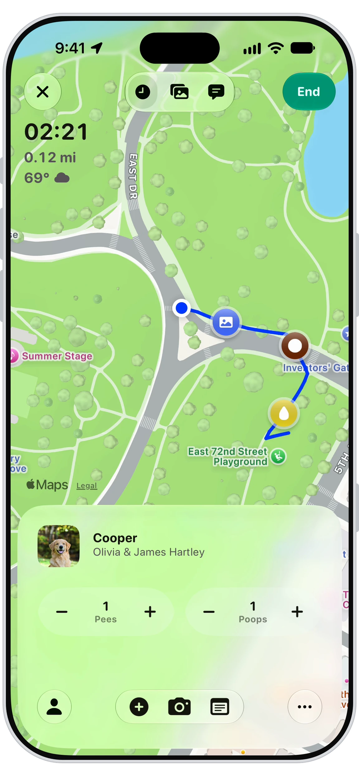 Walkies app showing a live GPS dog walk in progress with route map