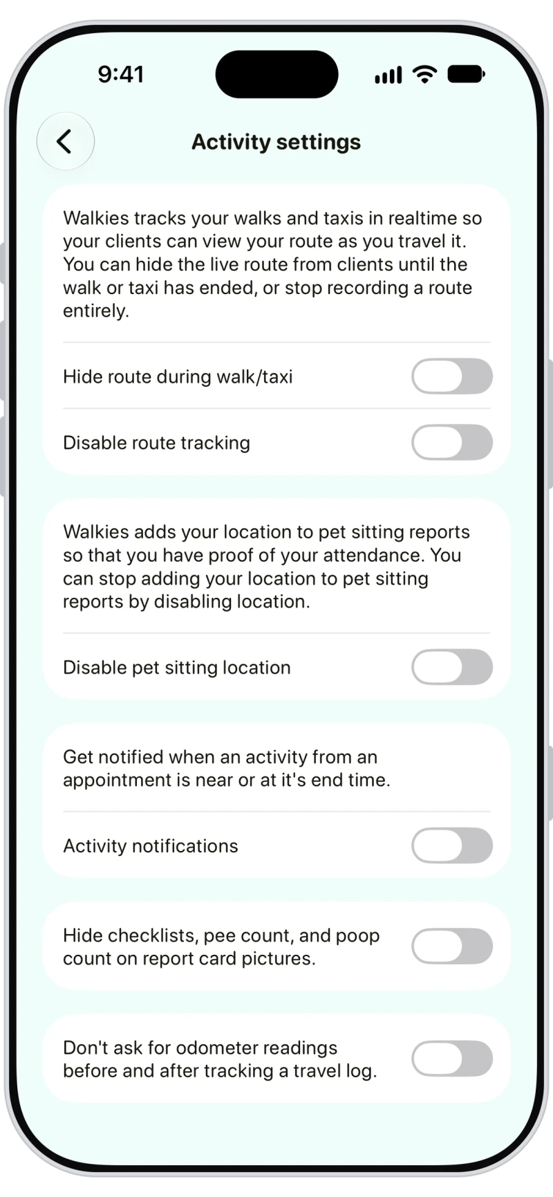 Walkies activity settings to hide the live route, disable route tracking and set activity notifications