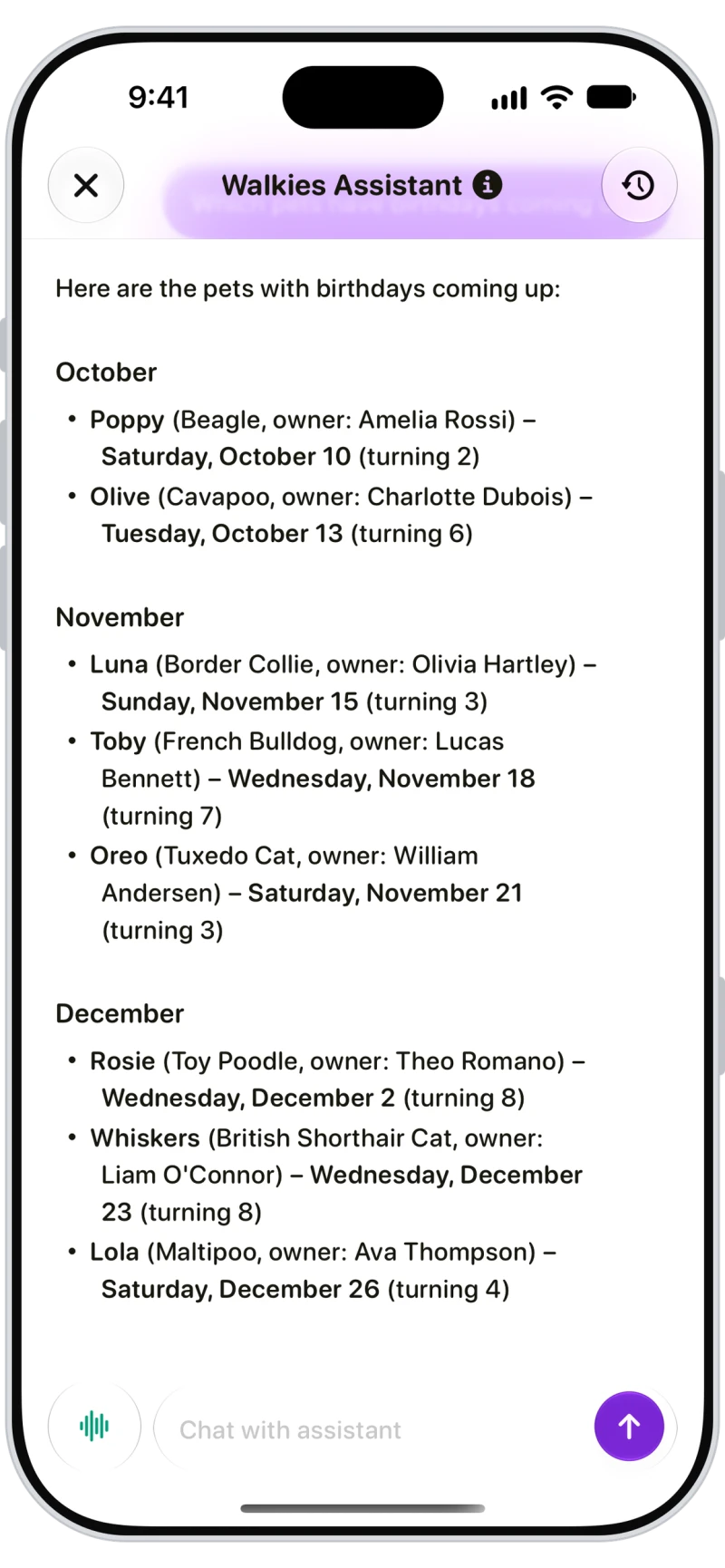 Walkies Assistant listing pets with birthdays coming up by month