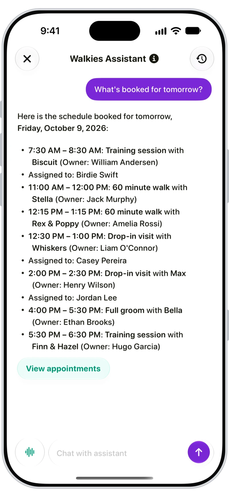 Walkies Assistant listing tomorrow's seven appointments with times, pets and team members