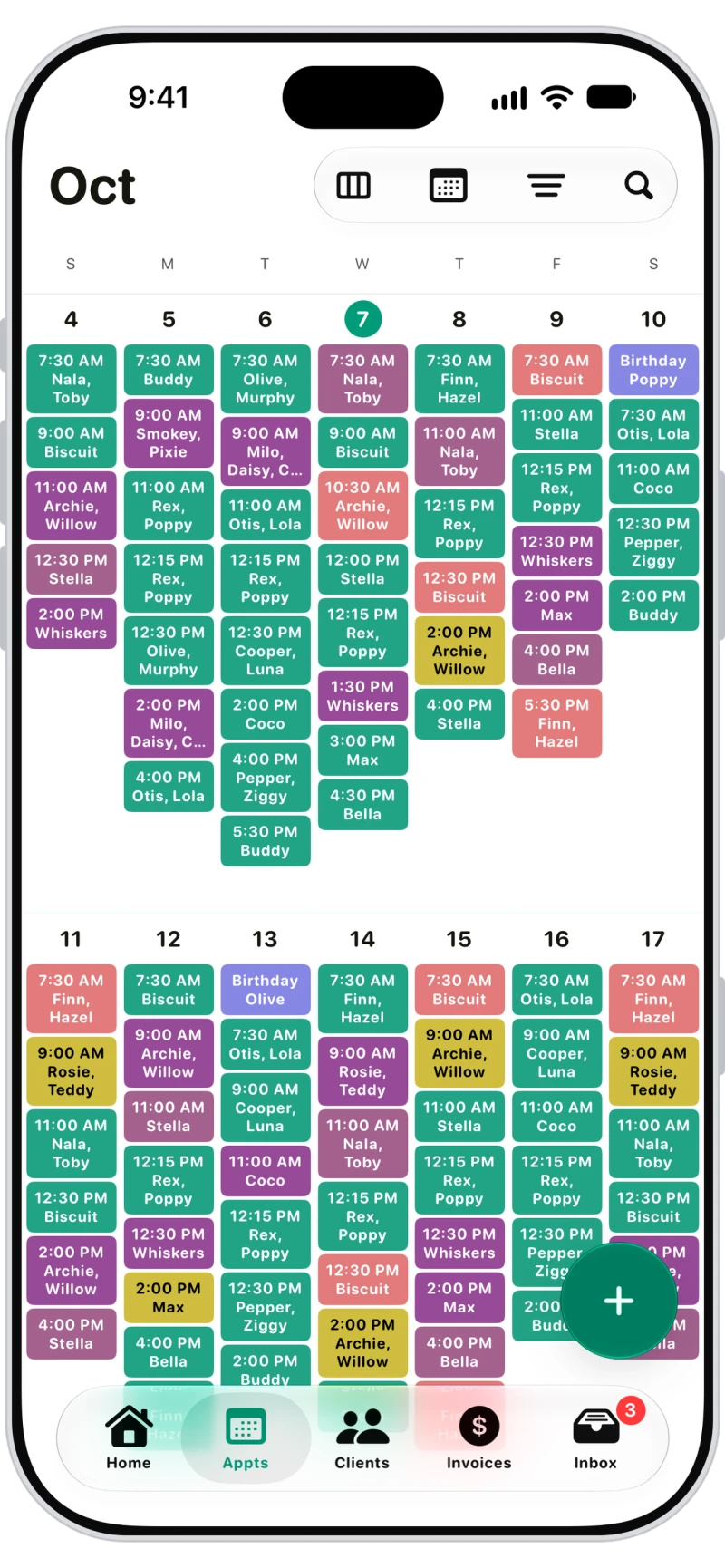Walkies week calendar full of colour-coded walks, drop-ins, grooms and training sessions