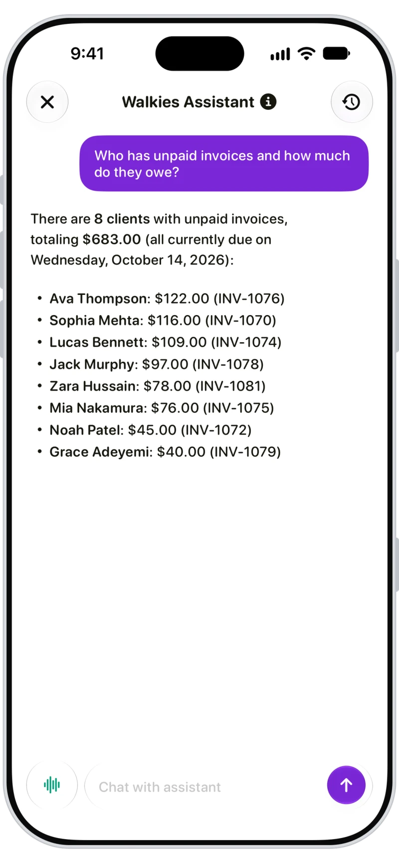Walkies Assistant listing 8 clients with unpaid invoices totalling $683