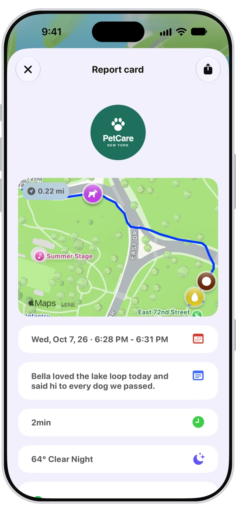 Walkies report card with the PetCare logo above the walk route map