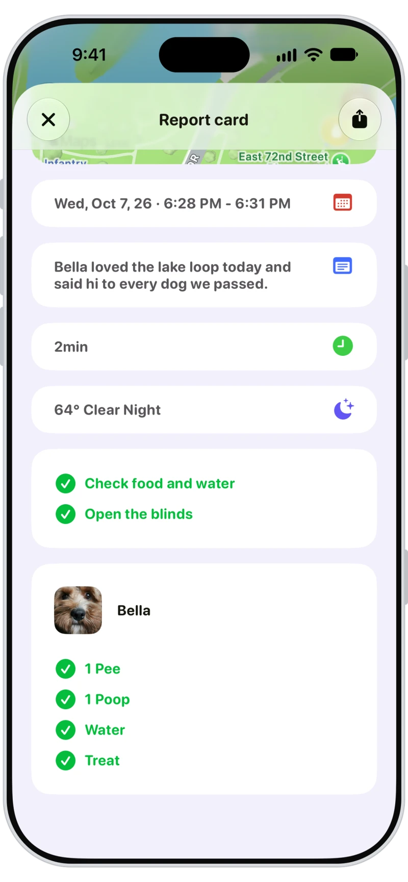 Walkies report card with a ticked checklist and a dog's pees, poops, water and treat