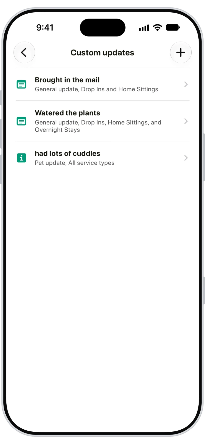 Walkies custom updates list with saved pet and household updates