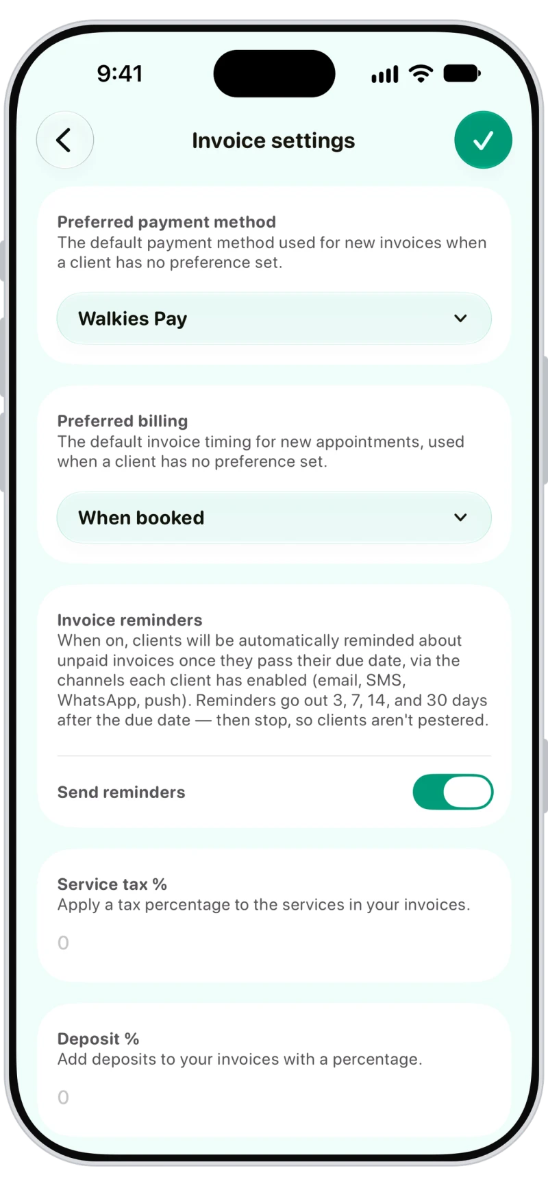 Walkies invoice settings with Walkies Pay as the preferred method, When booked billing and invoice reminders on