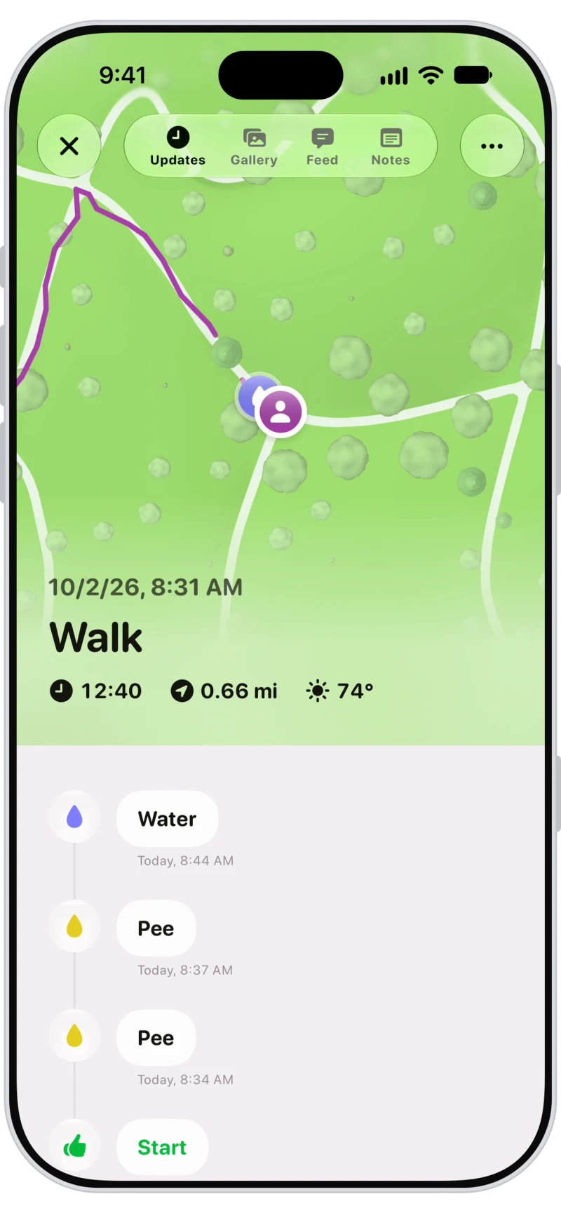 Live walk in the Walkies Journal app with the route on a map, the time, distance and temperature