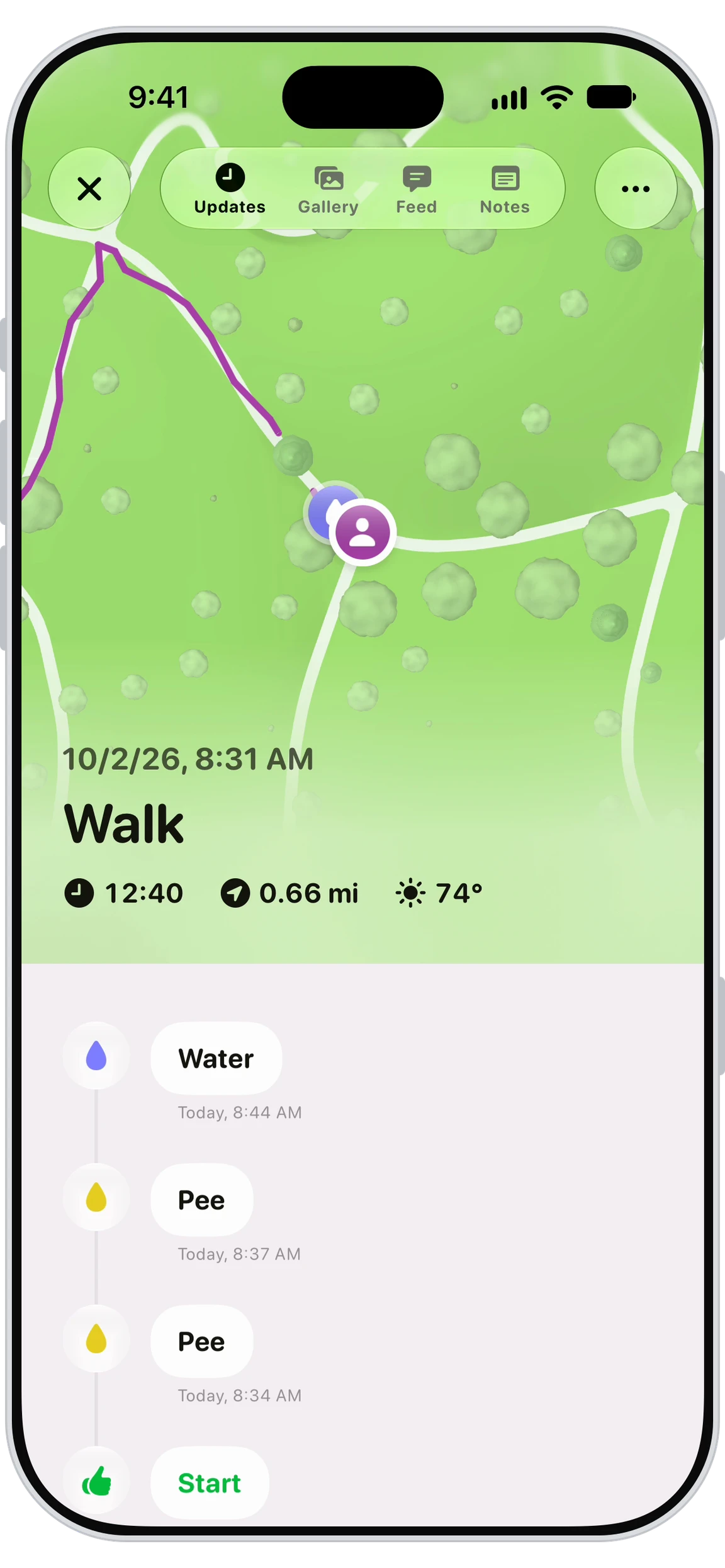 Walkies Journal pet owner app showing a live dog walking update