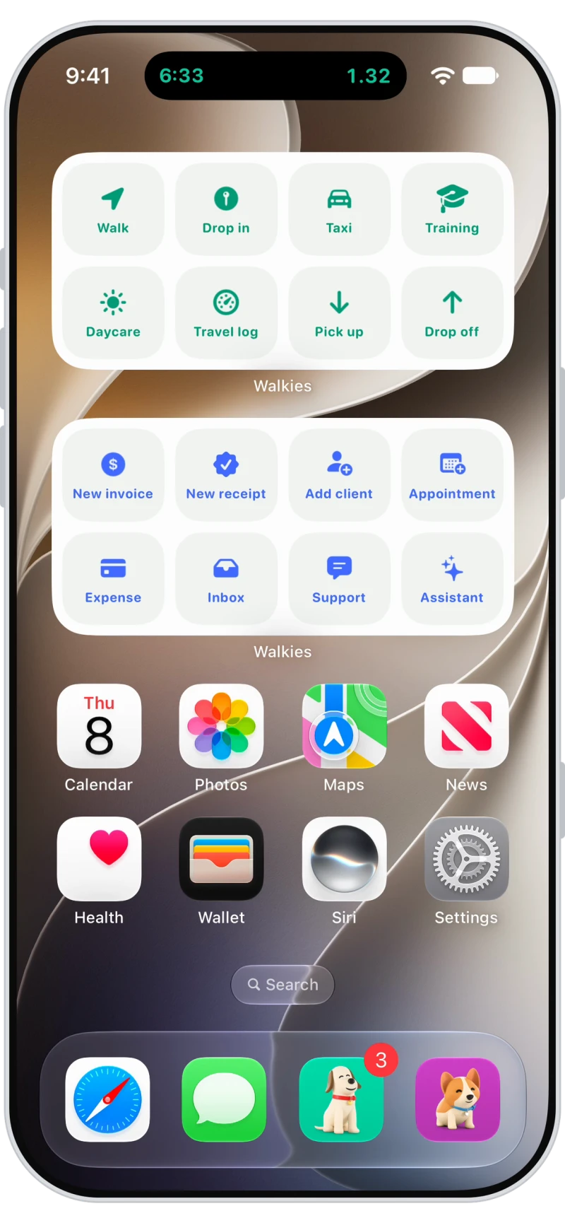 Walkies walk timer and distance in the Dynamic Island over the Home Screen