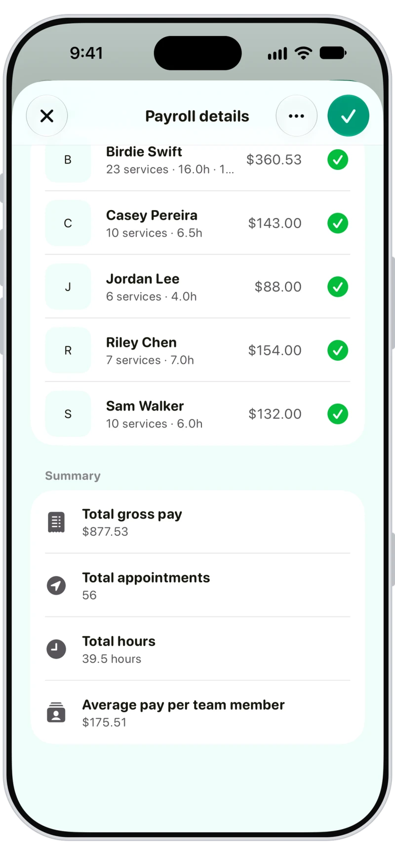Walkies payroll summary with total gross pay, appointments, hours and average pay per team member