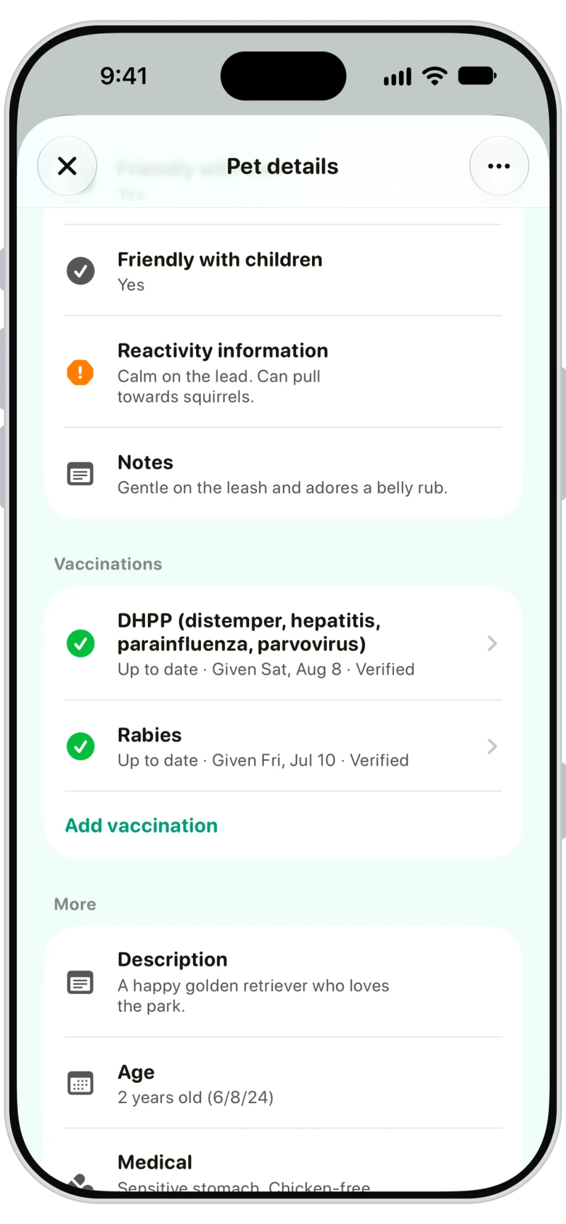 Walkies pet profile with reactivity notes, medical details and verified vaccinations
