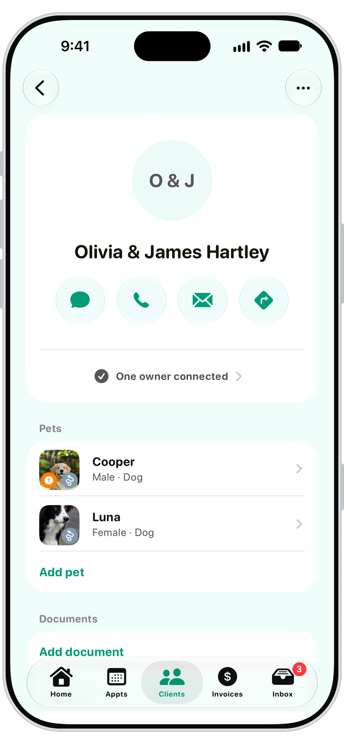 Walkies pet sitter app showing the client list with pets and owners
