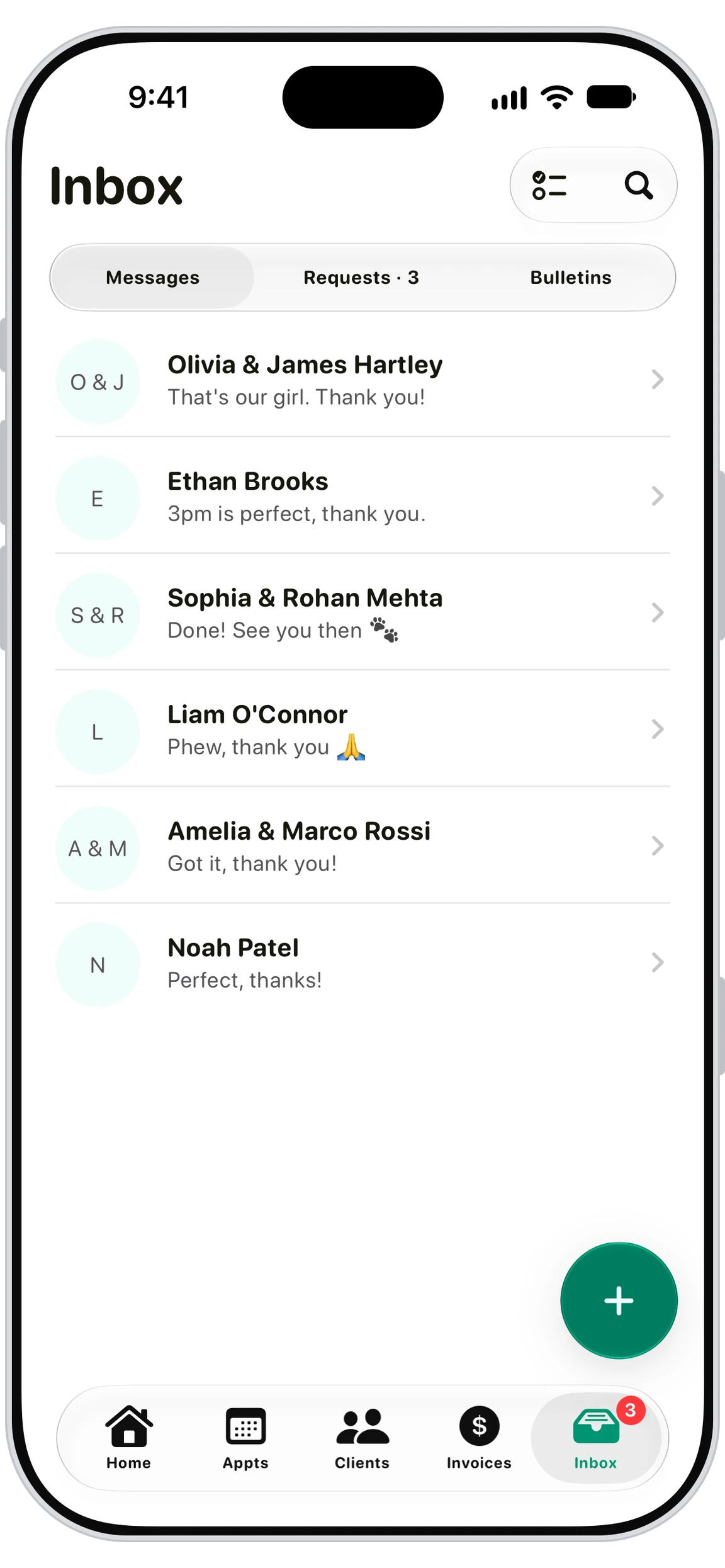 Walkies pet sitter app showing the in-app messaging inbox