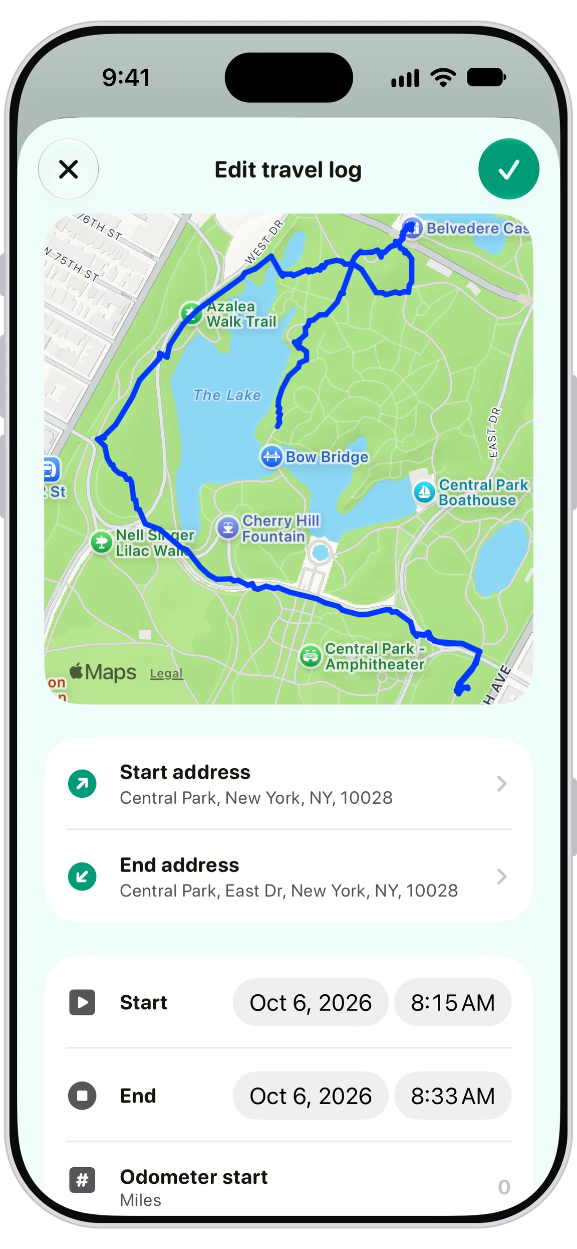 Walkies pet sitter app showing the mileage and travel log