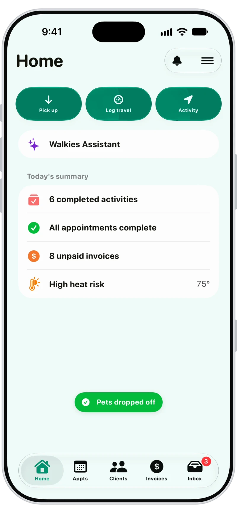 Walkies confirming pets dropped off on the Home screen