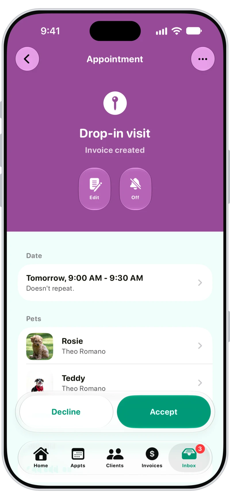 Booking request for a drop-in visit in Walkies with Accept and Decline buttons