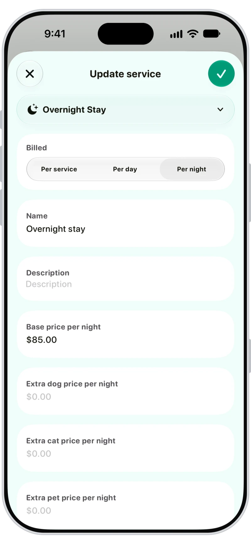 Walkies service editor for an overnight stay billed per night with extra dog, cat and pet prices