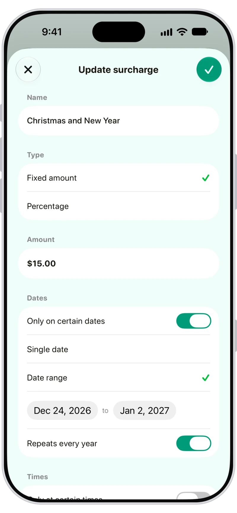 Christmas and New Year surcharge in Walkies for $15 from December 24 to January 2, repeating every year