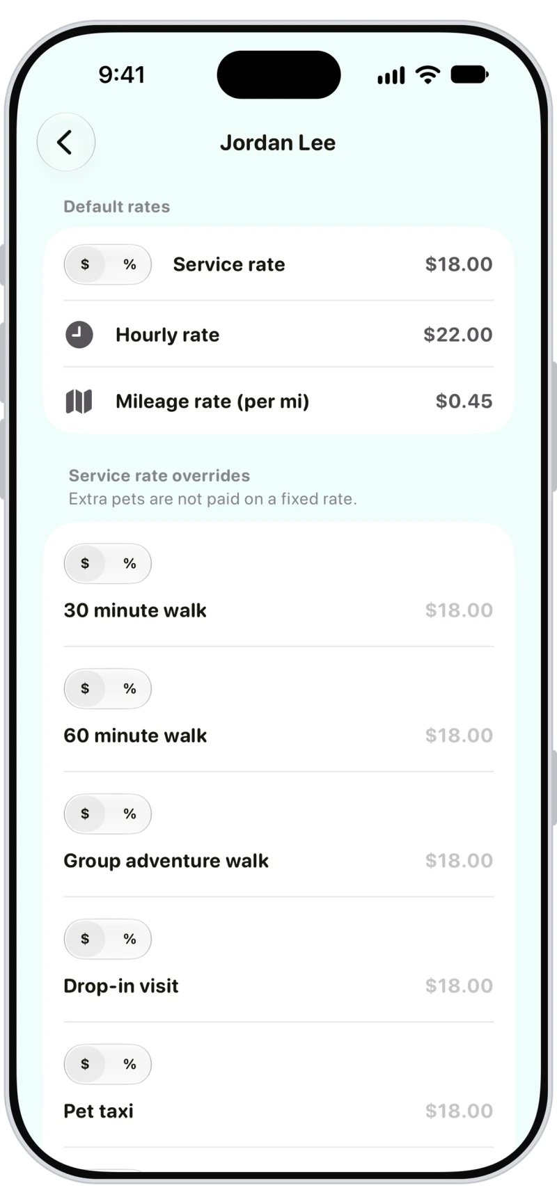 Walkies team member rates with a service rate, hourly rate and mileage rate per mile