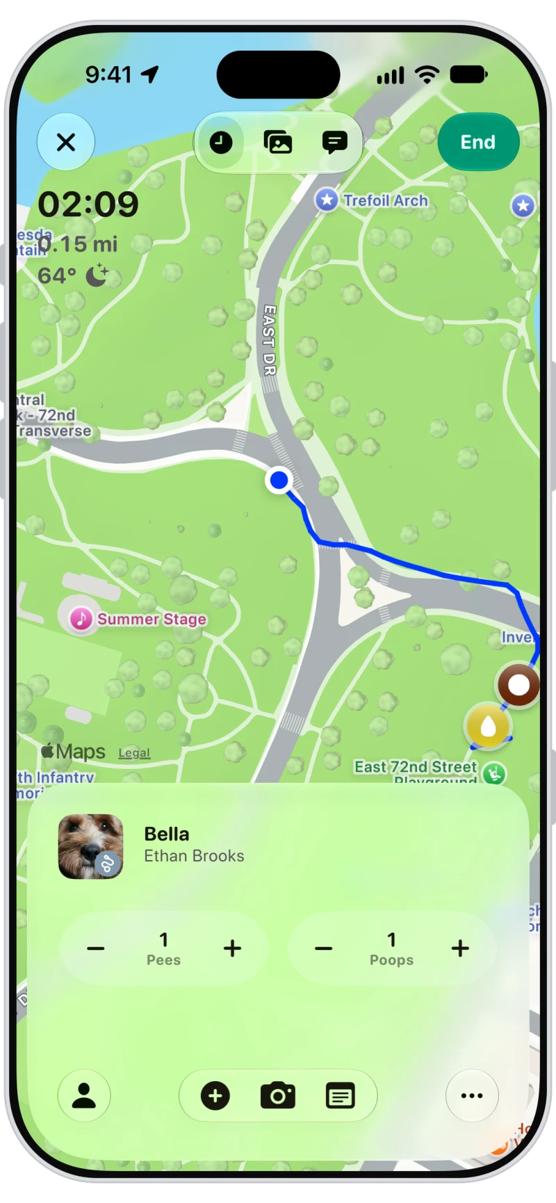 Dog walk being tracked in Walkies with pees and poops logged