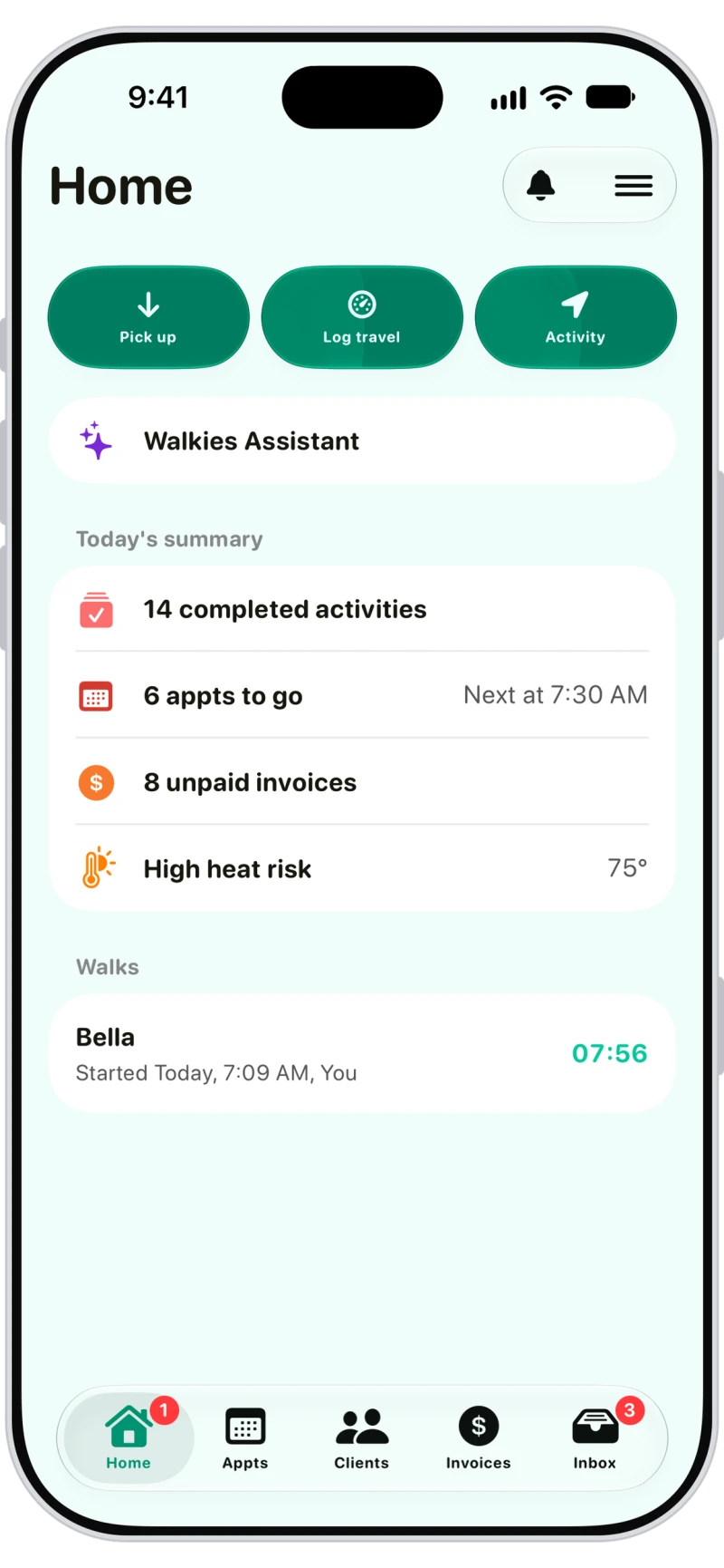 Walkies Home screen with a High heat risk warning at 75 degrees in today's summary